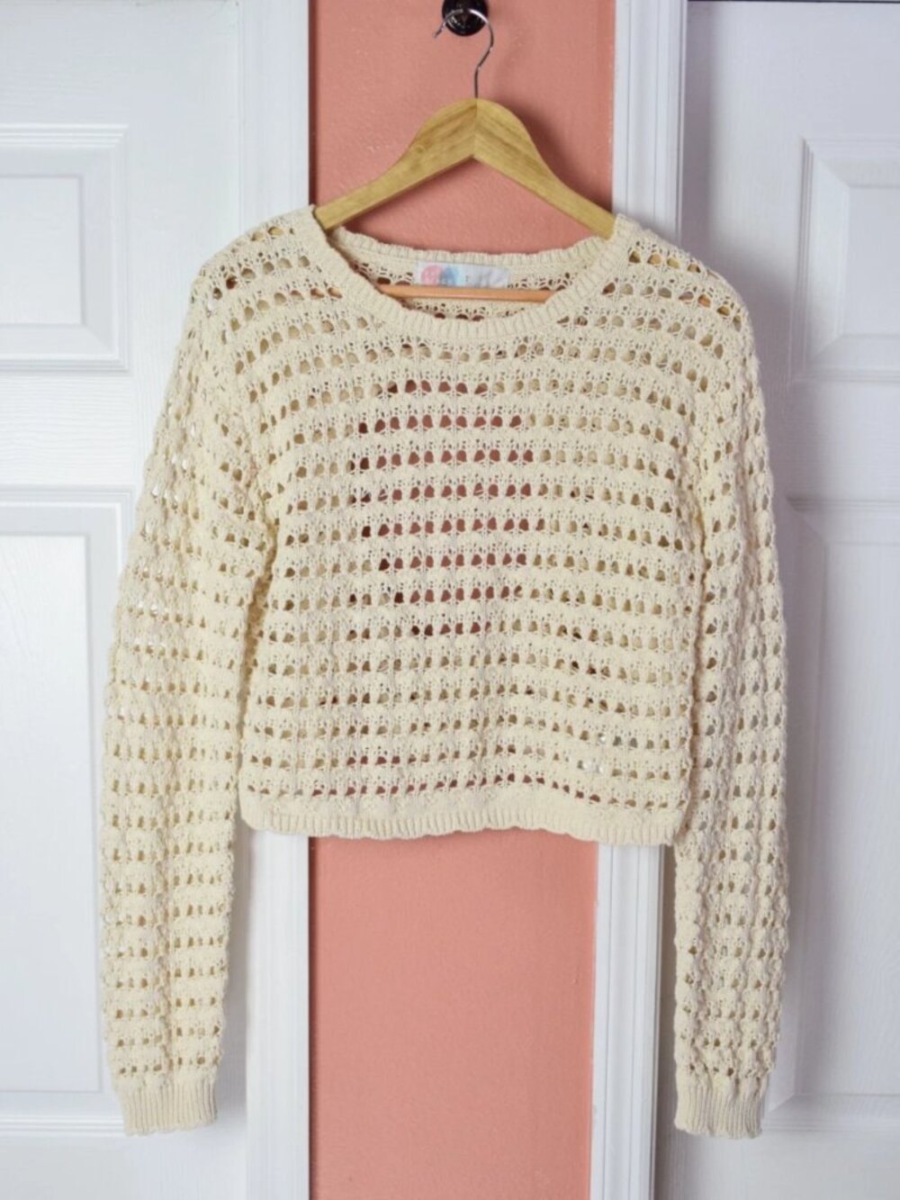 FREE PEOPLE FP BEACH CREAM OPEN KNIT TIE BACK SWEATER CROPPED BOHO